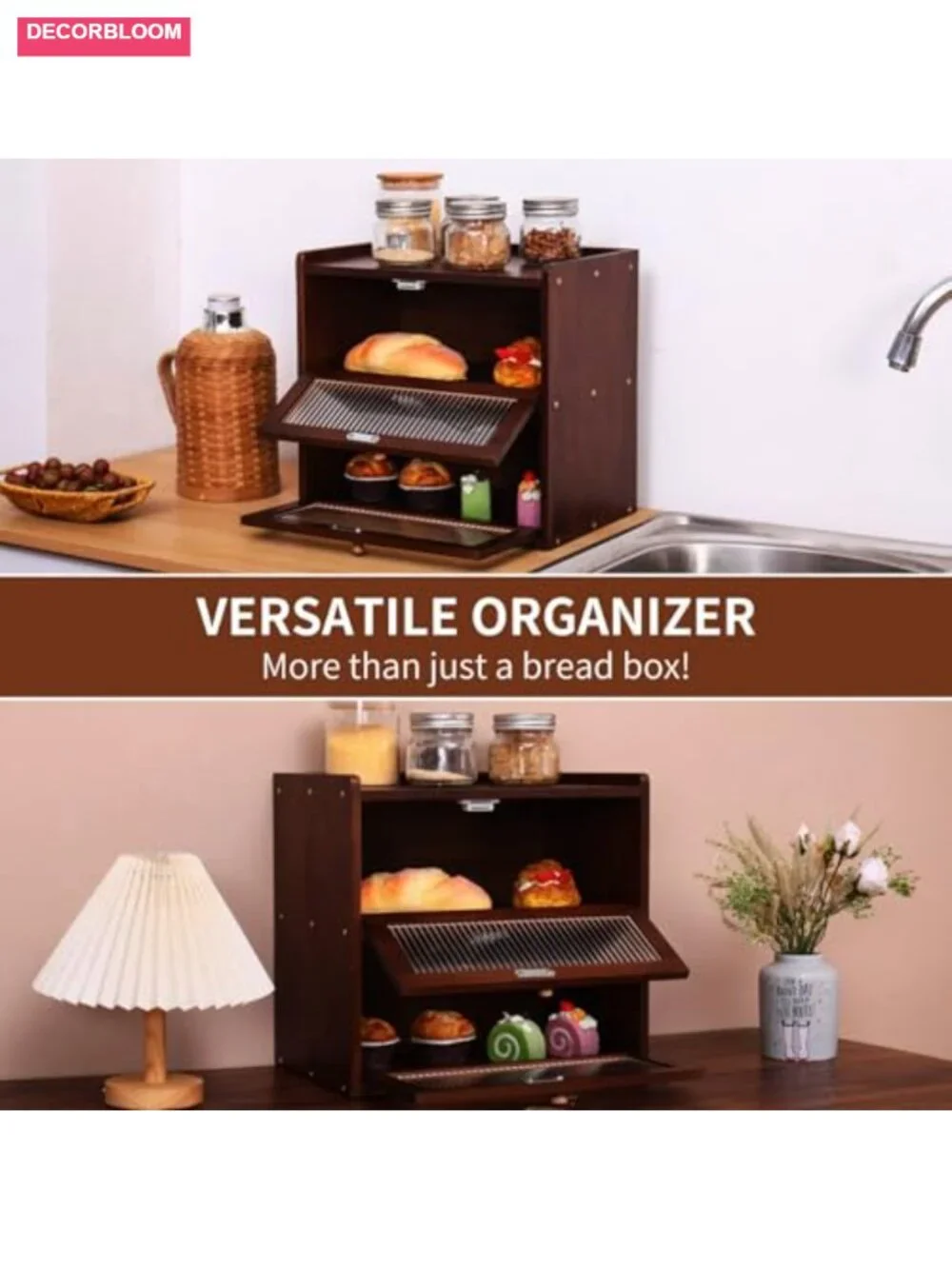 Large Double Layer Wooden Bread Box with Acrylic Window for Kitchen Counter